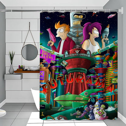 F-Futurama Anime White Shower Curtain, Bathroom Decorative Shower Curtain, Waterproof Shower Curtain With Hooks