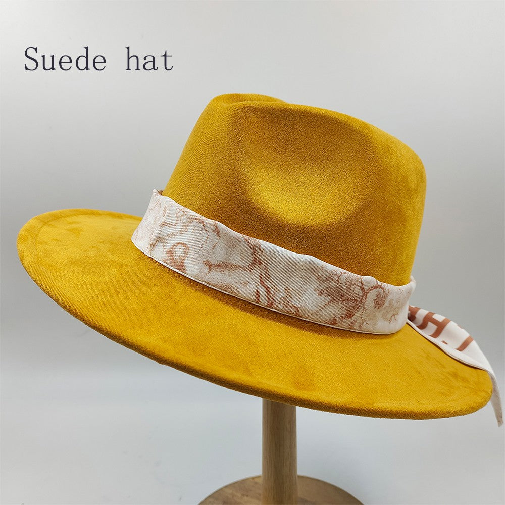 Chapéu Fedora Pintado à Mão Masculino e Feminino Chapéu Panamá Moda Primavera Outono com Pena Envolta Chapéu Fedora de Lã com Aba Grande