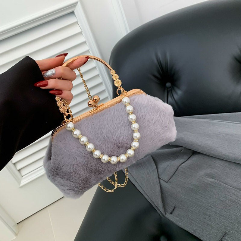 New suede pearl fashionable handbag small shoulder bag,metal handle highlights noble temperament,pearl chain adds elegant charm