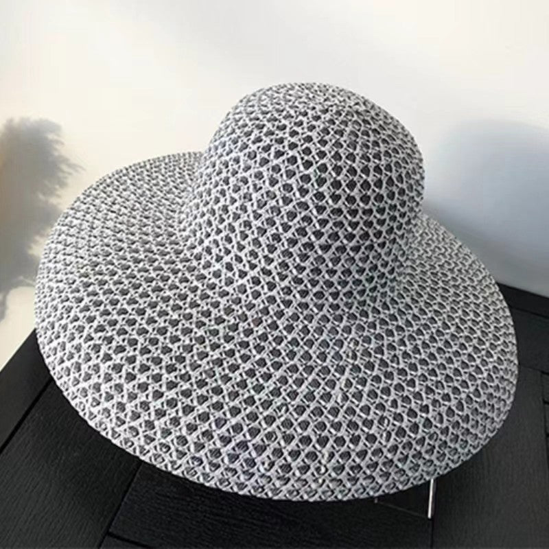 Chapéu de sol de palha de aba larga, chapéu de sol de malha de abajur de seda brilhante de verão, chapéu coco estilo Hepburn francês, chapéu de sol para praia ao ar livre