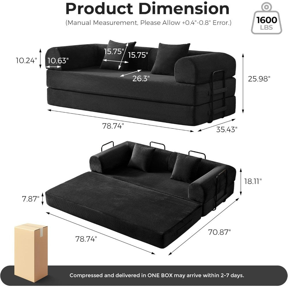 79" Convertible Sofa Bed, Corduroy Convertible Sleeper Sofa Bed, Boneless Couch with Fixed-Shape Frame, Floor Sofa Modular Couch