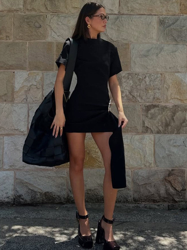 Mozision Short Sleeve Draped Sexy Mini Dress For Women Black Metal Buckle O Neck