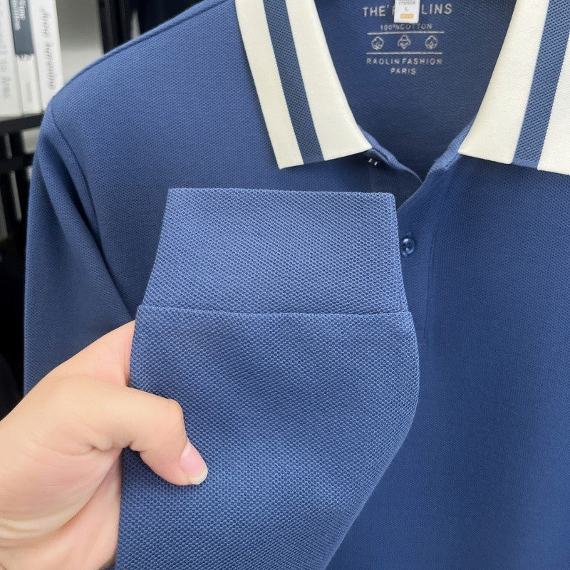 Men's 100% Cotton Original Design Printed Long Sleeved Polo Shirt Spring Autumn Simple Fashion Business Lapel T-shirt Men's Wear