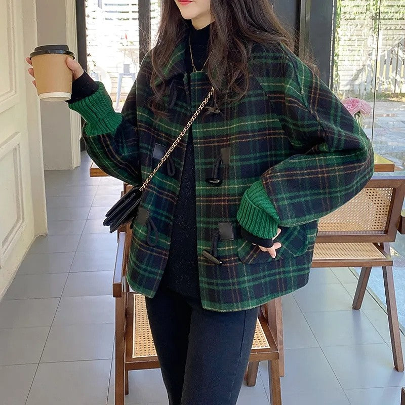 Korean Loose Slim Short Jacket Female Outerwear New Lattice Woolen Coat Women Spring Autumn Bat Sleeves Cowhorn Button Wool Coat