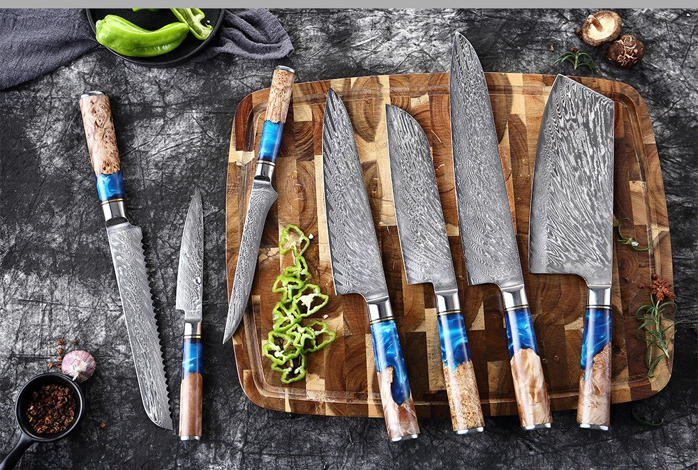 XITUO Kitchen Knives Set Damascus Steel VG10 Chef Knife Cleaver Paring Bread Knife Blue Resin Stabilised Wood Handle 1-7PCS set