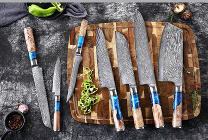 XITUO Kitchen Knives Set Damascus Steel VG10 Chef Knife Cleaver Paring Bread Knife Blue Resin Stabilised Wood Handle 1-7PCS set
