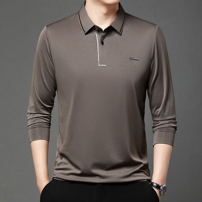 New Men's Business Casual Long Sleeved Shirt with Badge Solid Color Polo Shirt Fashionable Breathable Comfortable Versatile Top