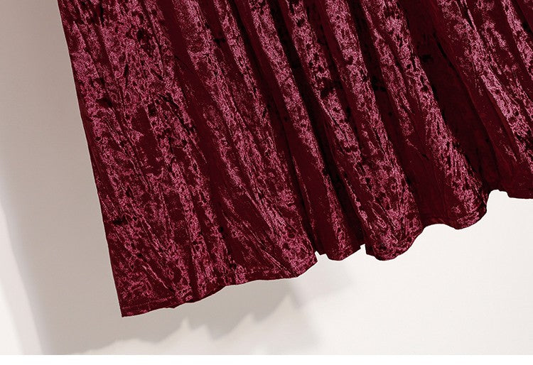 Autumn Winter Girls New A-line Velvet Skirt 2025 Plus Size Gold Velvet Half Pleated Skirt Solid Versatile High Waist Mid Skirt