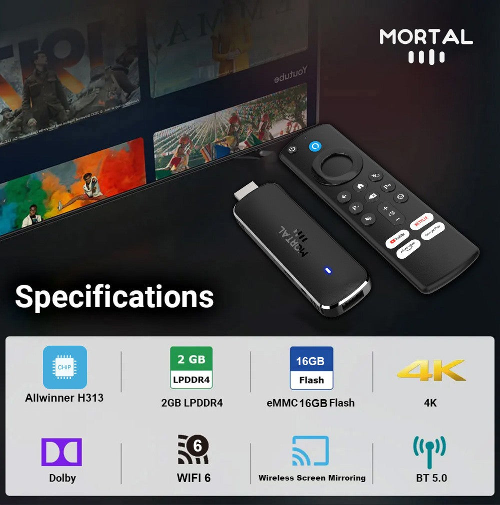 Versão Global Android14 TV Stick Home Theater Allwinner H313 Mortal Q8 Suporte 4K@60fps Wifi6 Bluetooth Controle Remoto por Voz TV Ao Vivo