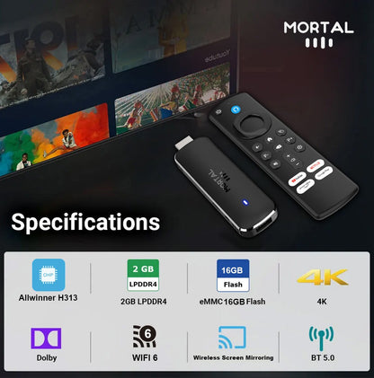 Versão Global Android14 TV Stick Home Theater Allwinner H313 Mortal Q8 Suporte 4K@60fps Wifi6 Bluetooth Controle Remoto por Voz TV Ao Vivo