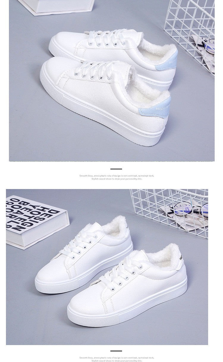 Tênis Feminino de Inverno, Quente, Pelúcia, Sola Vulcanizada, Plataforma, Algodão, Cadarço, Branco, Com Pelúcia, Casual