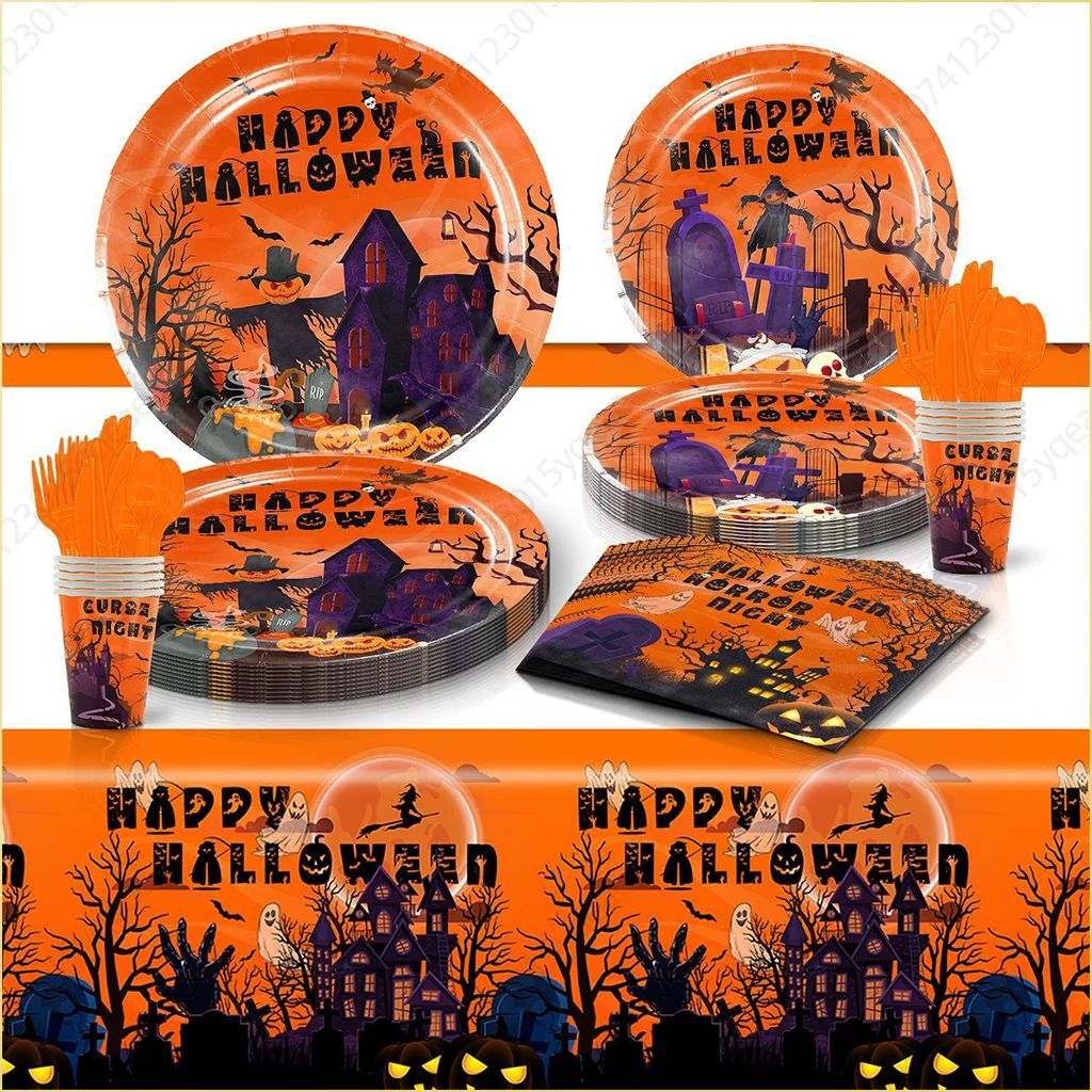 Conjunto de Louça de Festa de Halloween Pratos Festivos Guardanapos Toalha de Mesa Louça Descartável para 10/12 Convidados Decoração de Halloween