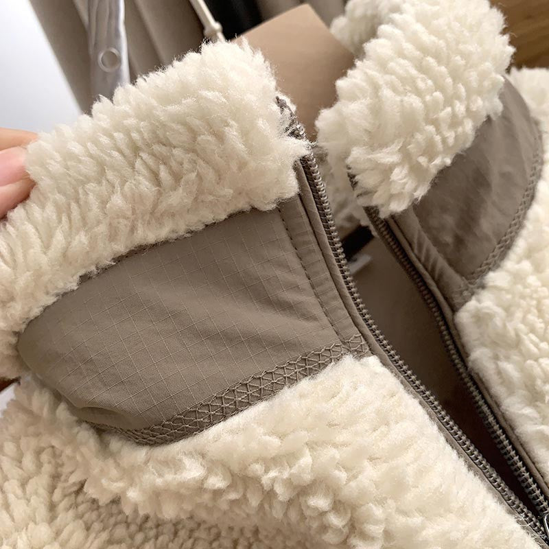Autumn and Winter Japanese Men's and Women's Fleece Stand Neck Jacket Couple Zipper Loose Warm Lamb Wool Coat Solid Color Jacket