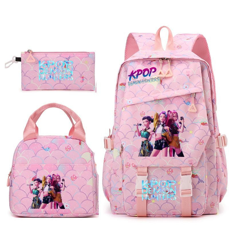 3pçs Mochilas K-pop Demon Hunters Desenho Animado Anime Escolar com Lancheira Mochilas Infantis Impermeáveis Presentes para Aluno