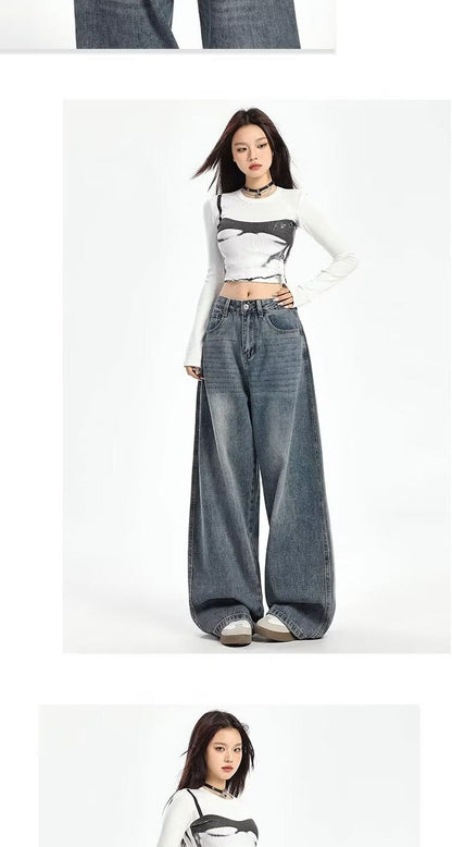 Retro High Waist Wide Leg Jeans Women Summer New plus Size Loose Slimming Pear ape Straight Leg Pants Casual Waed Blue