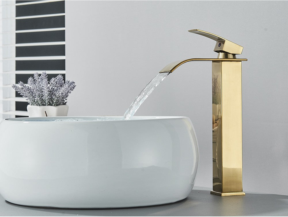 Brushed Golden Basin Faucets Elegant Waterfall Bathroom Sink Faucet Single Lever Hole Deck Mount Brass  Mixer Taps