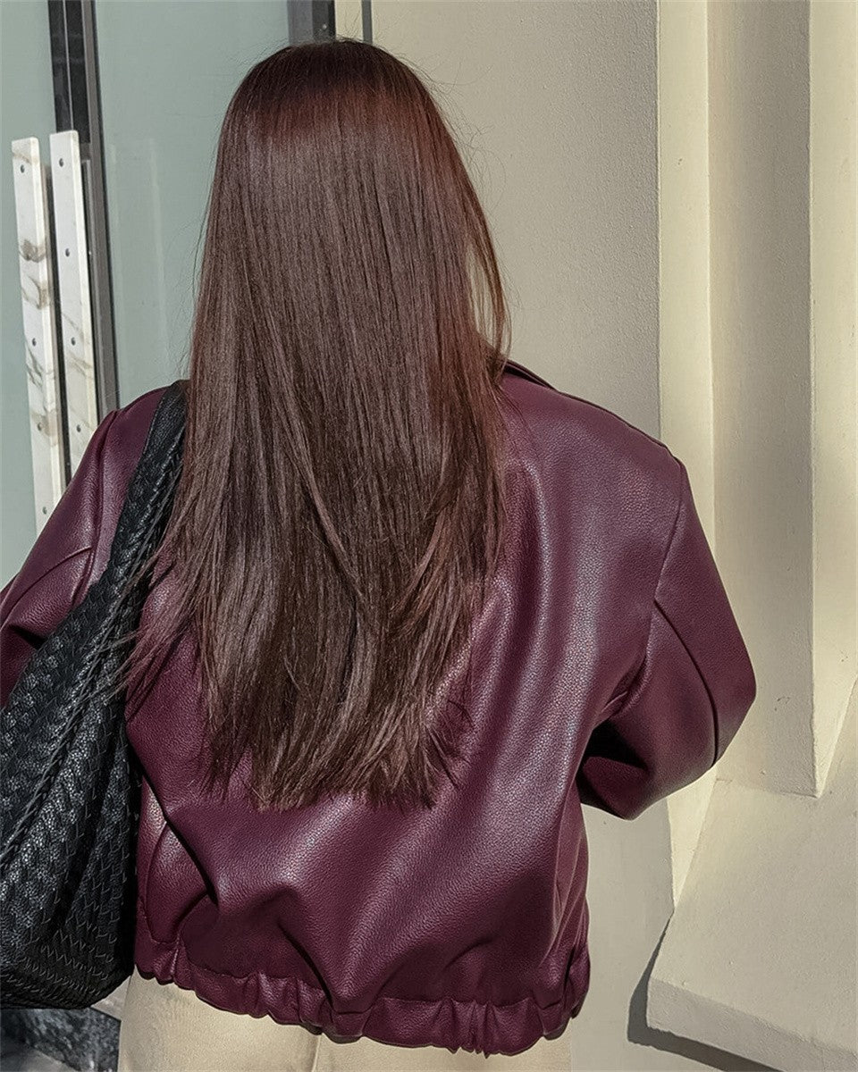 Jaqueta Feminina de Couro Sintético Vermelho Vinho Vintage, Casaco Moderno com Zíper e Lapela, Casacos de Outono Inverno, Blusas Curtas Femininas Estilo Streetwear