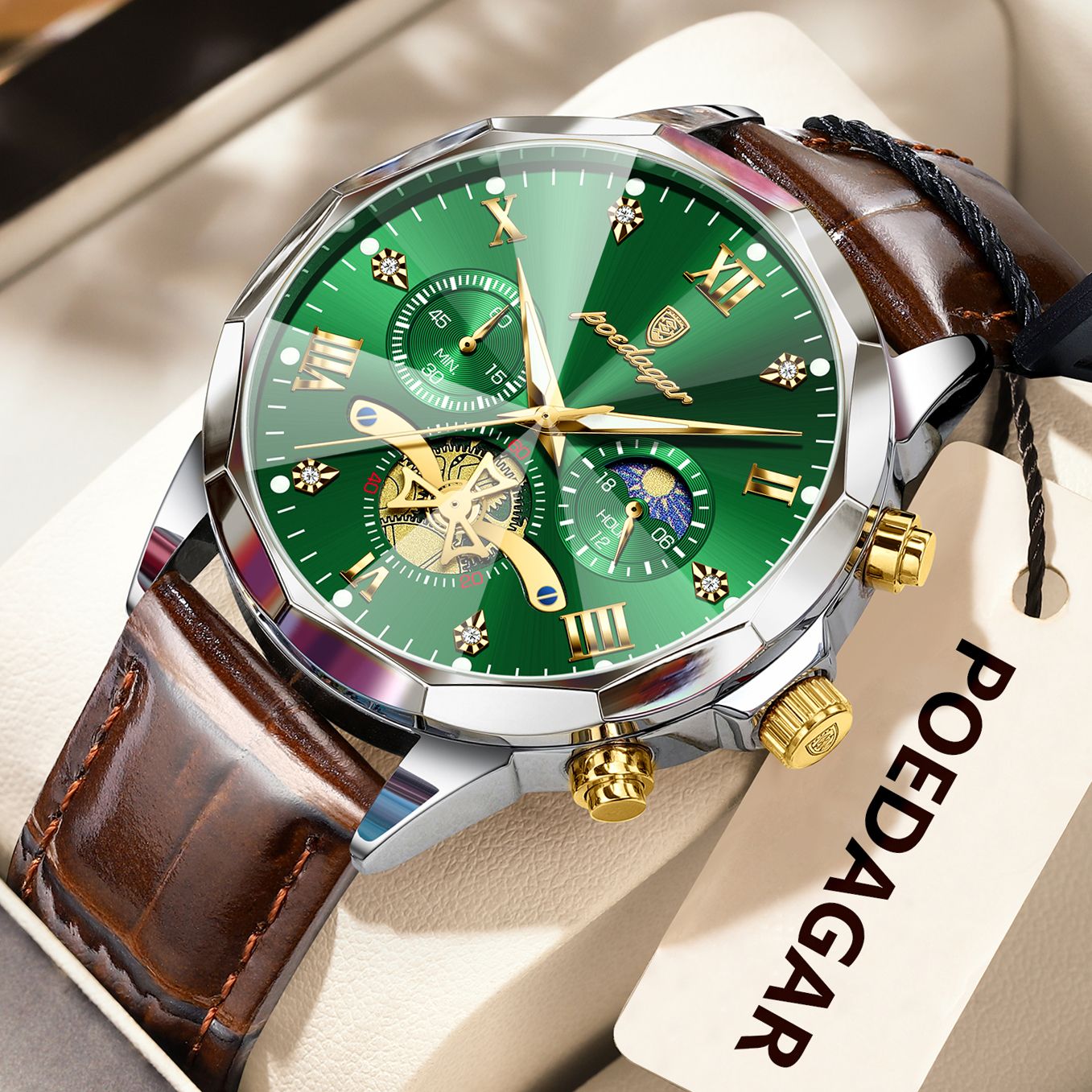 POEDAGAR Relógio de Pulso Militar de Luxo Masculino Quartzo Impermeável Luminoso Cronógrafo Couro Masculino Relógio Esportivo Masculino Relógio Masculino