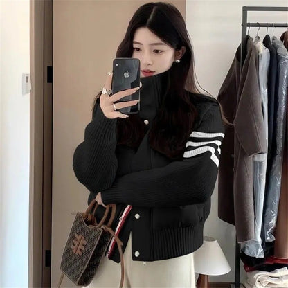 Little Women's Wear Knitted Stitching Coat Down Cotton-padded Short Female 2025 Winter Casual Jacket Loose Collar Thick Overwear