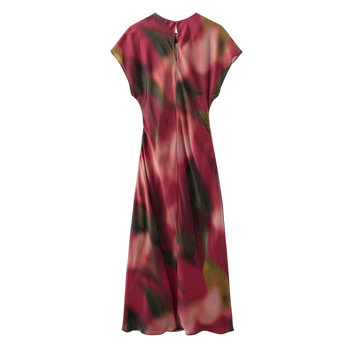 2025 RARA Spring New Women's Round Neck Waist Silk Satin Texture Printed Midi Dr