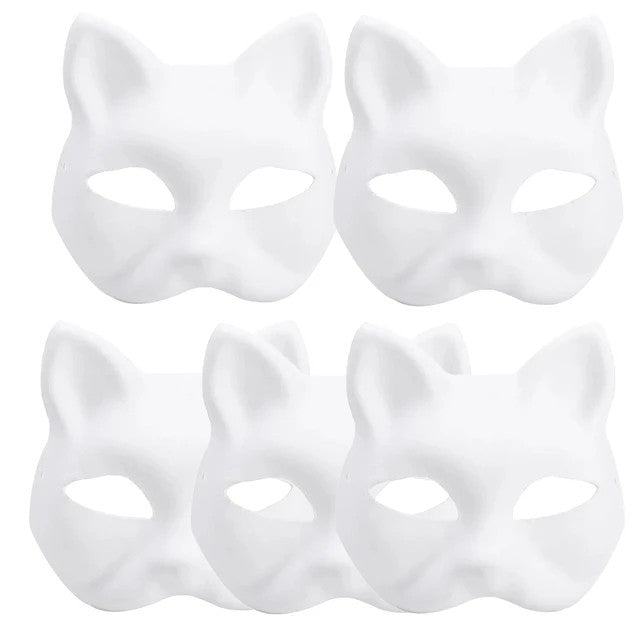 5PCS Therian Masks White Cat Masks Blank DIY Halloween Mask Animal Half Facemasks Masquerade Cosplay Party