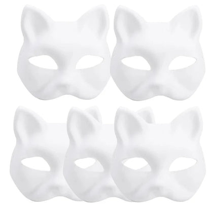 5PCS Therian Masks White Cat Masks Blank DIY Halloween Mask Animal Half Facemasks Masquerade Cosplay Party