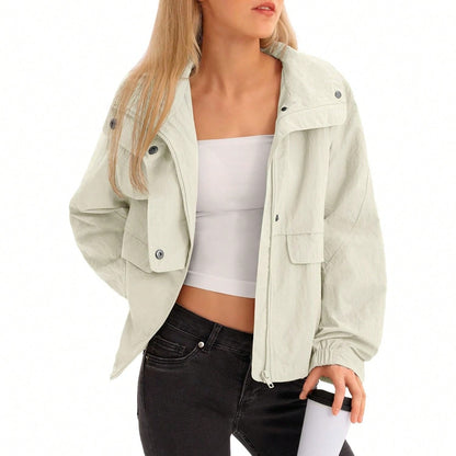 Fisoew Womens Cropped Jacket Zip Up Lightweight Hooded Trench Coat Active Outdoor Windbreaker Raincoat with Pockets