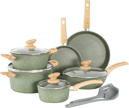 Conjunto de Panelas e Frigideiras Antiaderentes, 12 Peças em Granito Verde Compatíveis com Indução, Conjunto de Panelas para