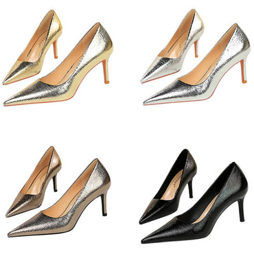 Spring Autumn New Women 7cm High Heels Fashion Retro Holiday Party Pumps Lady Gold Silver Daily Office Pointed Toe Low Heels