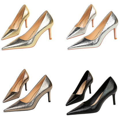 Spring Autumn New Women 7cm High Heels Fashion Retro Holiday Party Pumps Lady Gold Silver Daily Office Pointed Toe Low Heels