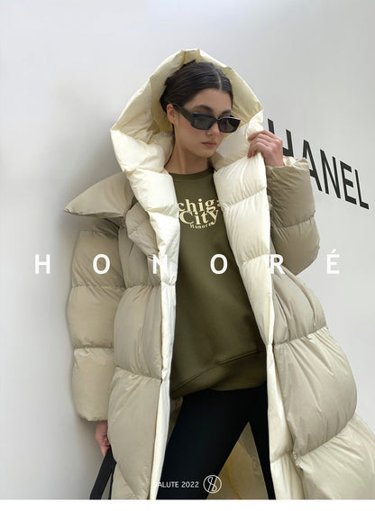 Janveny Fluffy White Duck Down Jacket Women Winter Thickness Warm Long Puffer Coat Hooded Female Fashion Fake Two-piece Parkas