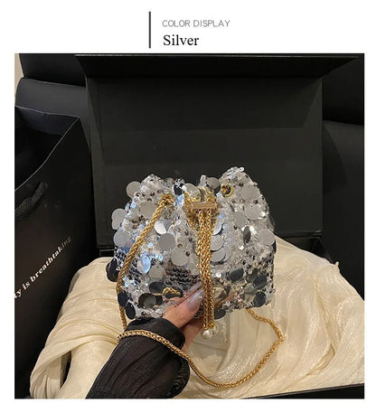 Sequin Chain Women's Portable Bucket Shoulder Bags Retro Ladies Dinner Party Clutch Purse Luxury Design Female Crossbody Bag