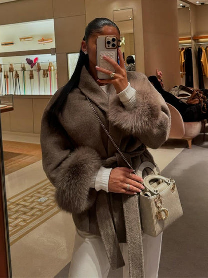 Lace-Up Short Overcoat Women's Coat Office Lady Elegant Woolen Furry Patchwork Long Sleeve Coats 2025 New Loose Cardigan Jackets