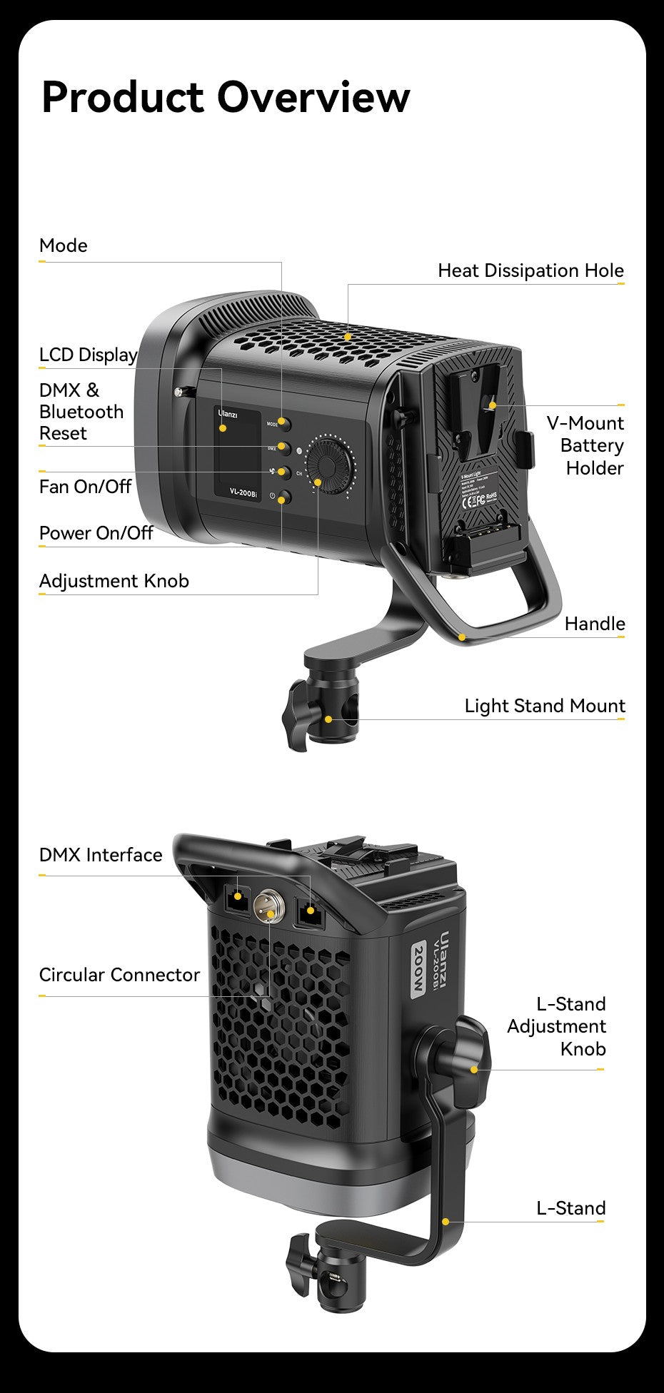 Ulanzi VL-200Bi 200W V-Mount Video Light with Wireless Control CRI 95+ 2700K-6500K CCT for Livestreaming Photography COB Light