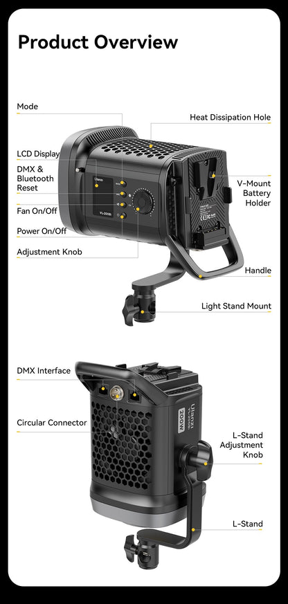 Ulanzi VL-200Bi 200W V-Mount Video Light with Wireless Control CRI 95+ 2700K-6500K CCT for Livestreaming Photography COB Light