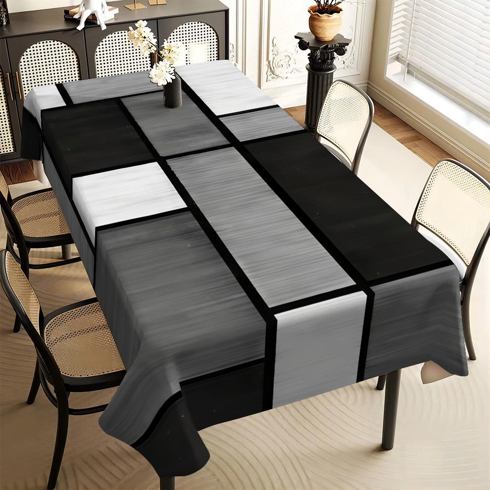 Elegant Black and White Geometric Print Tablecloth - Rectangular Polyester Dining Table Cover for Festive Party Decor