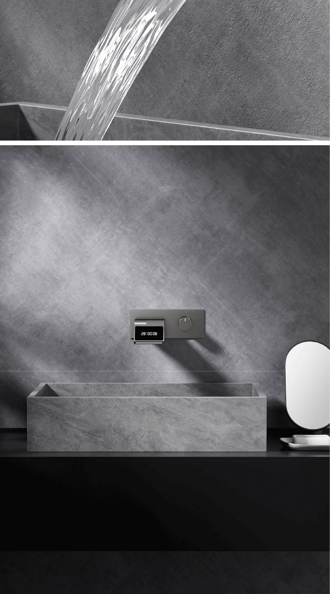 Torneira de banheiro de parede luxuosa de latão cinza chumbo com visor digital LED, misturador monocomando de água quente e fria embutido.