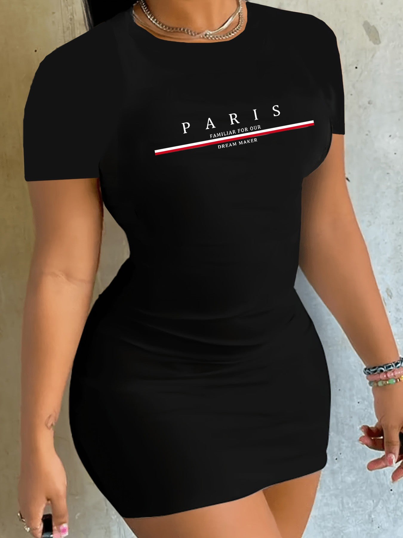 Summer women's fashionable Paris letter pattern print casual sexy slim fit tight short sleeved round neck T-shirt mini skirt