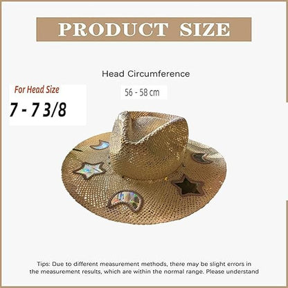 Moon Star Sequin Suncatcher Cowgirl Hats INS Fashion Summer Beach Women Straw Sun Hat Hollow Out Bohemian Western Cowgirls Hats