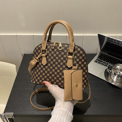 Luxury Shell Fashion Women's Handbag Simple Shoulder Bag Plaid Print Crossbody Bag with Mini Purse