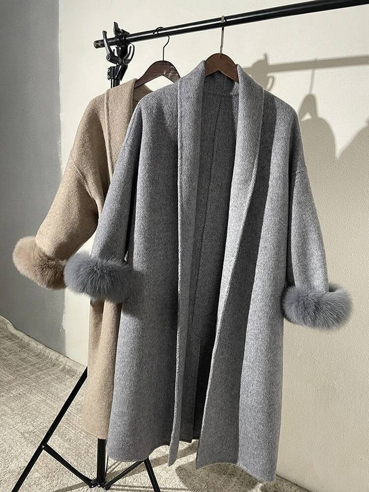 [EWQ] Wool Fox Fur Sleeve Women Coat Elegant Clothing Autumn 2025 Winter Double-sided Jacket Big Size Wine Red Overcoats 16O2751