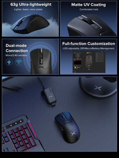 Mouse Gamer Sem Fio Delux M900PRO Ergonômico Taxa de Polling 8K PAW3395 63g Dock de Carregamento Magnético RGB para PC Gamer com Mão Grande Direita