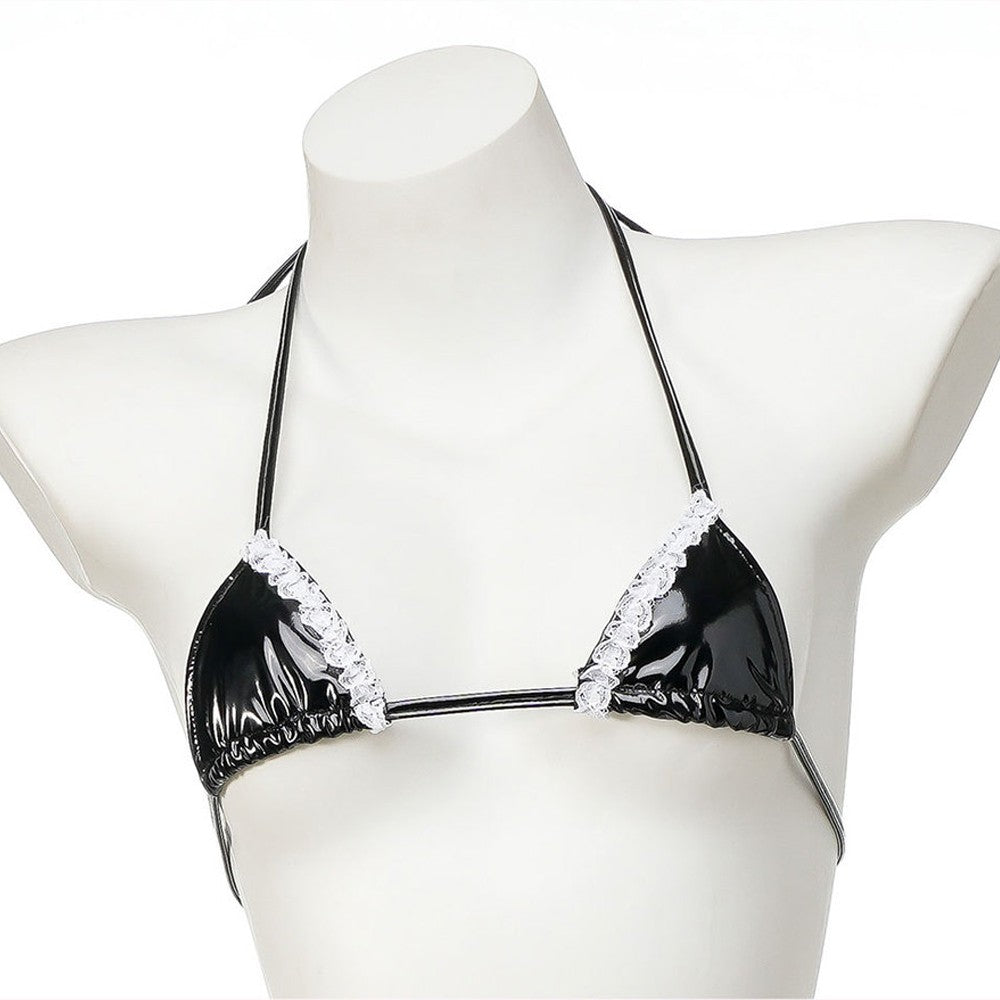 Cute lolita Bikini Sets Black Maid Bathing Suits Leather Bra With Lace Underwear Low Waist Swimsuit