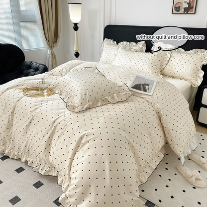 Conjunto de capa de edredom coreana de renda 3 peças (1*Capa de Edredom + 2*Fronhas, Sem enchimento), Conjunto de cama com estampa de bolinhas pretas