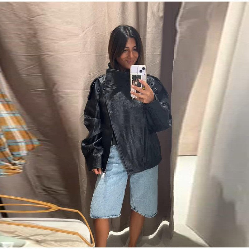 Street Stand Collar Women's Leather Jacket Loose Long Sleeve Zipper Pockets Chic Female Coats 2025 Autumn Winter Lady Outerwear