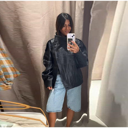 Street Stand Collar Women's Leather Jacket Loose Long Sleeve Zipper Pockets Chic Female Coats 2025 Autumn Winter Lady Outerwear