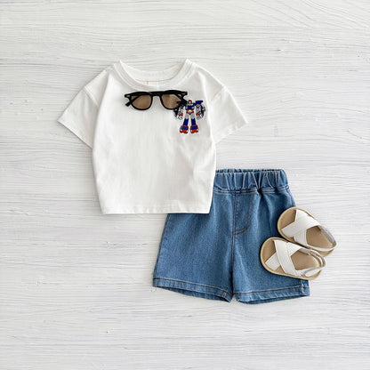 2025 Summer New Baby Clothes Infant Robot Embroidery Top+Bottom Set Baby Boys Girls Casual Baby Set Newborn Baby Clothes 2Pcs