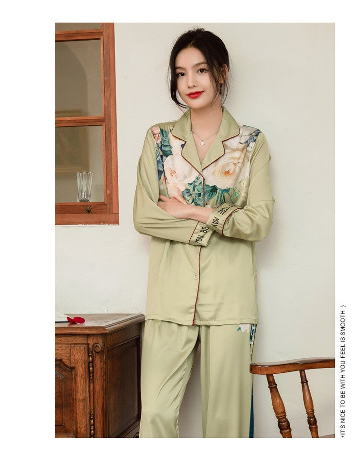 Lightweight Long-Sleeve Silk Pajamas Set for Young Girls French-Style Casual Homewear Nightwear Women's Comfortable Sleepwear