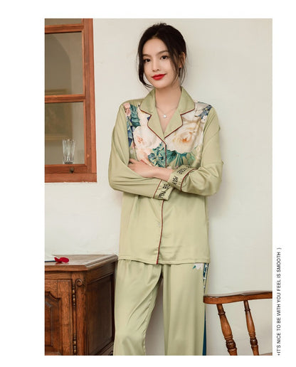 Lightweight Long-Sleeve Silk Pajamas Set for Young Girls French-Style Casual Homewear Nightwear Women's Comfortable Sleepwear