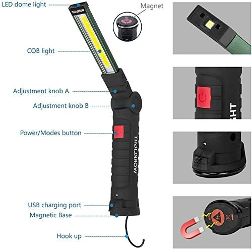 USB Rechargeable Camping LED Flashlight Work Light Magnet and Hook Waterproof Lighting Mode Suitable for Night Work